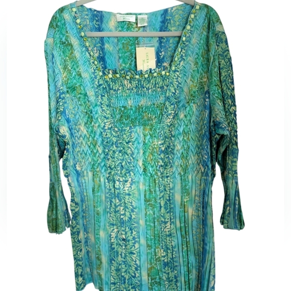 Laura Ashley 3X blouse NWT in shiny green/blue - Picture 1 of 13